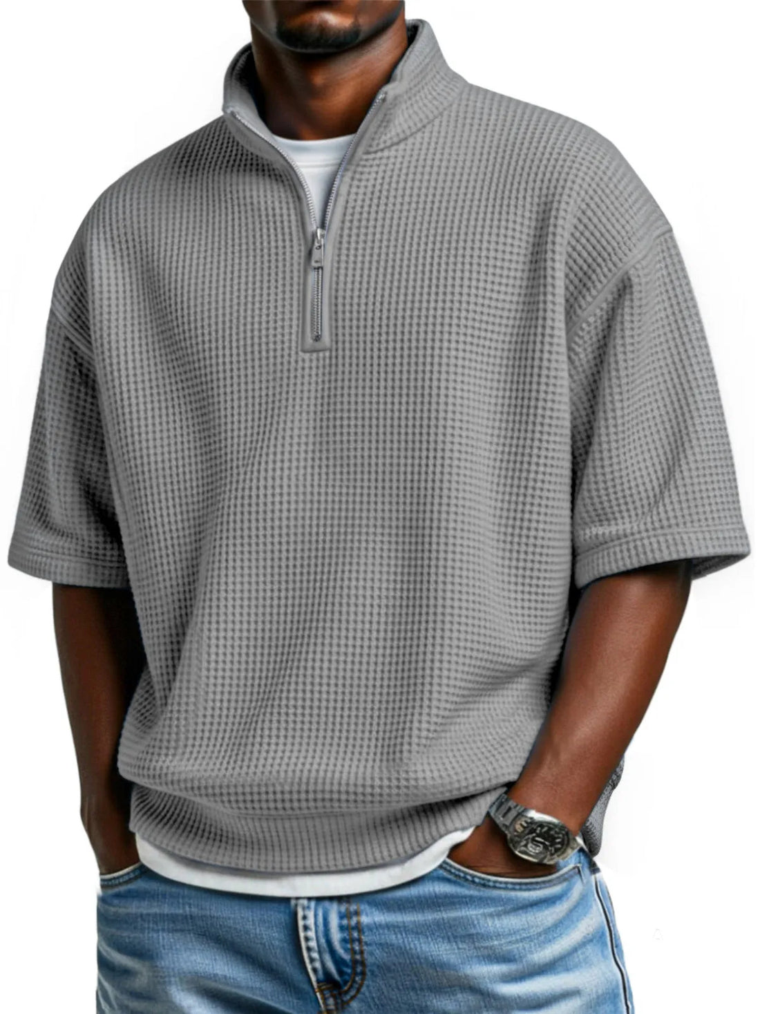 Waffle-knit Short-sleeve Polo Shirt For Men Loose-fitting Half-zip T-shirt - cas7m