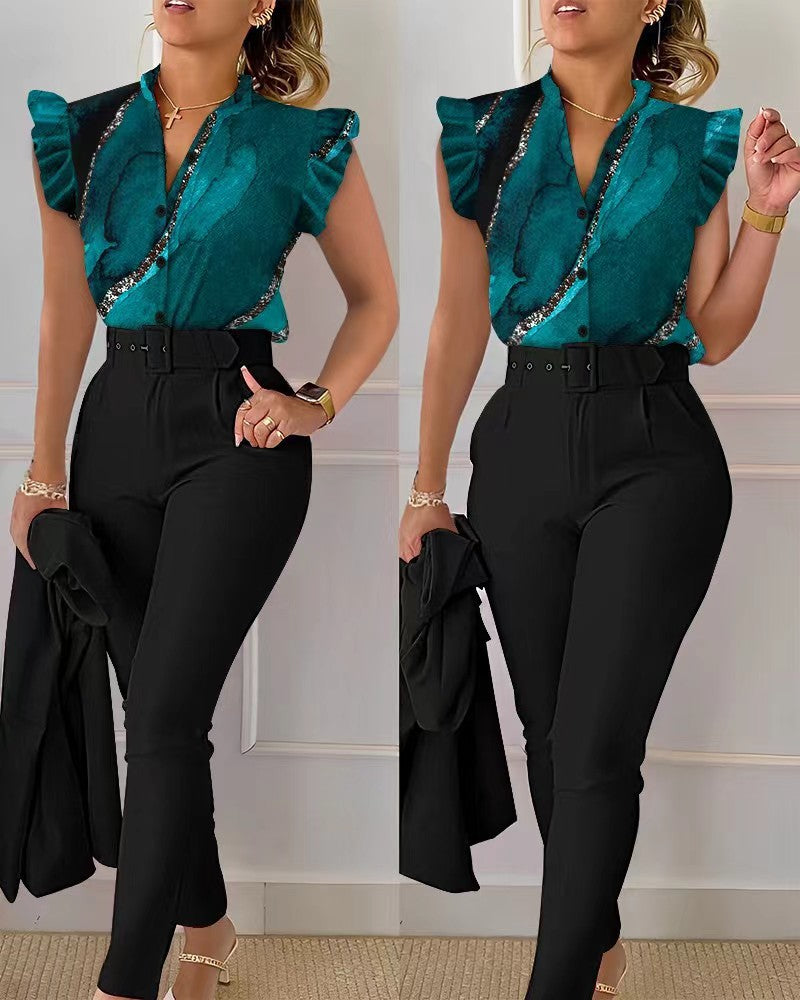 Printed Ruffle Sleeve Top Solid Color Pants Suit With Belt - cas7m