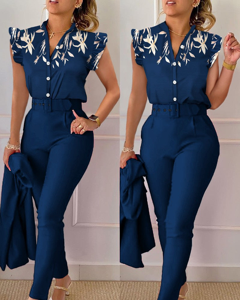 Printed Ruffle Sleeve Top Solid Color Pants Suit With Belt - cas7m