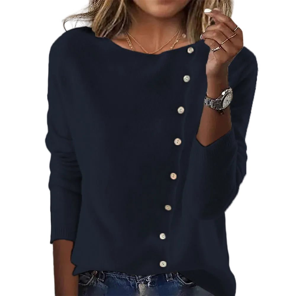 Elegant Round Neck Long Sleeve Button Sweater For Women Fall Spring Knitted Sweaters Tops - cas7m