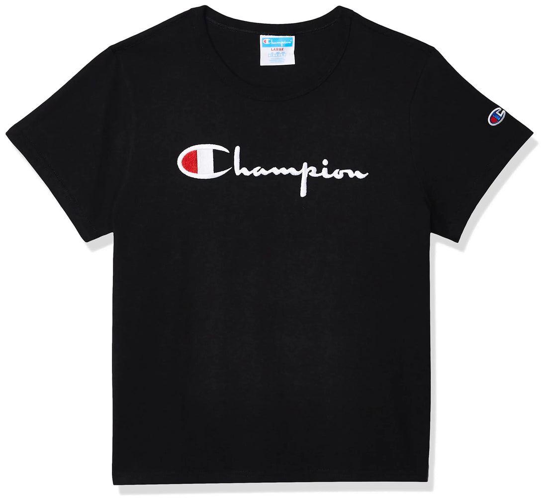 A black short-sleeve Champion t-shirt with a white script logo across the chest and a small logo on the left sleeve, shown on a white background.