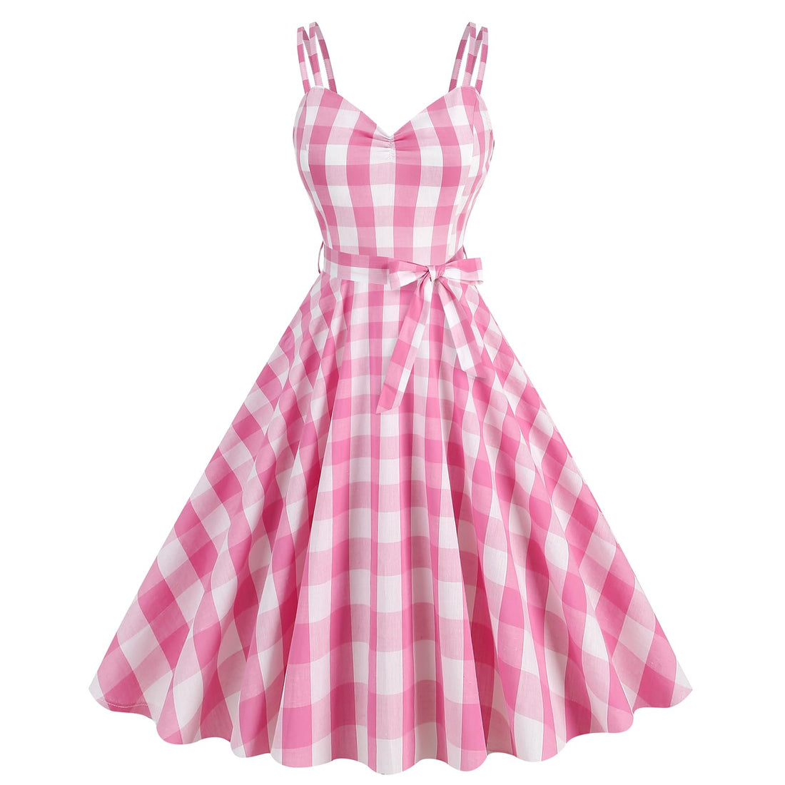 Pink and white checkered dress with thin straps on a white background