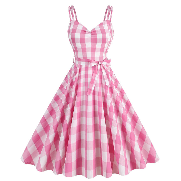 Pink and white checkered dress with thin straps on a white background