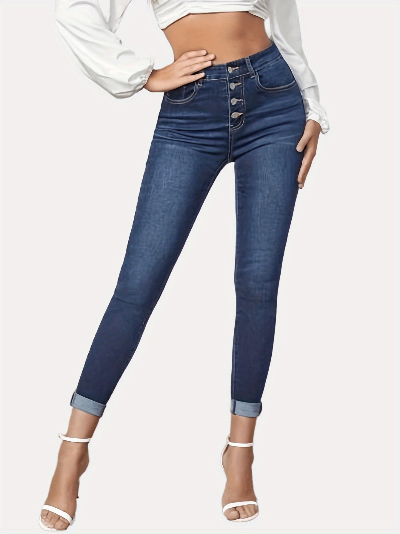 Contrast Color Slim Fit Stretch Rolled Hem Cropped Jeans - cas7m