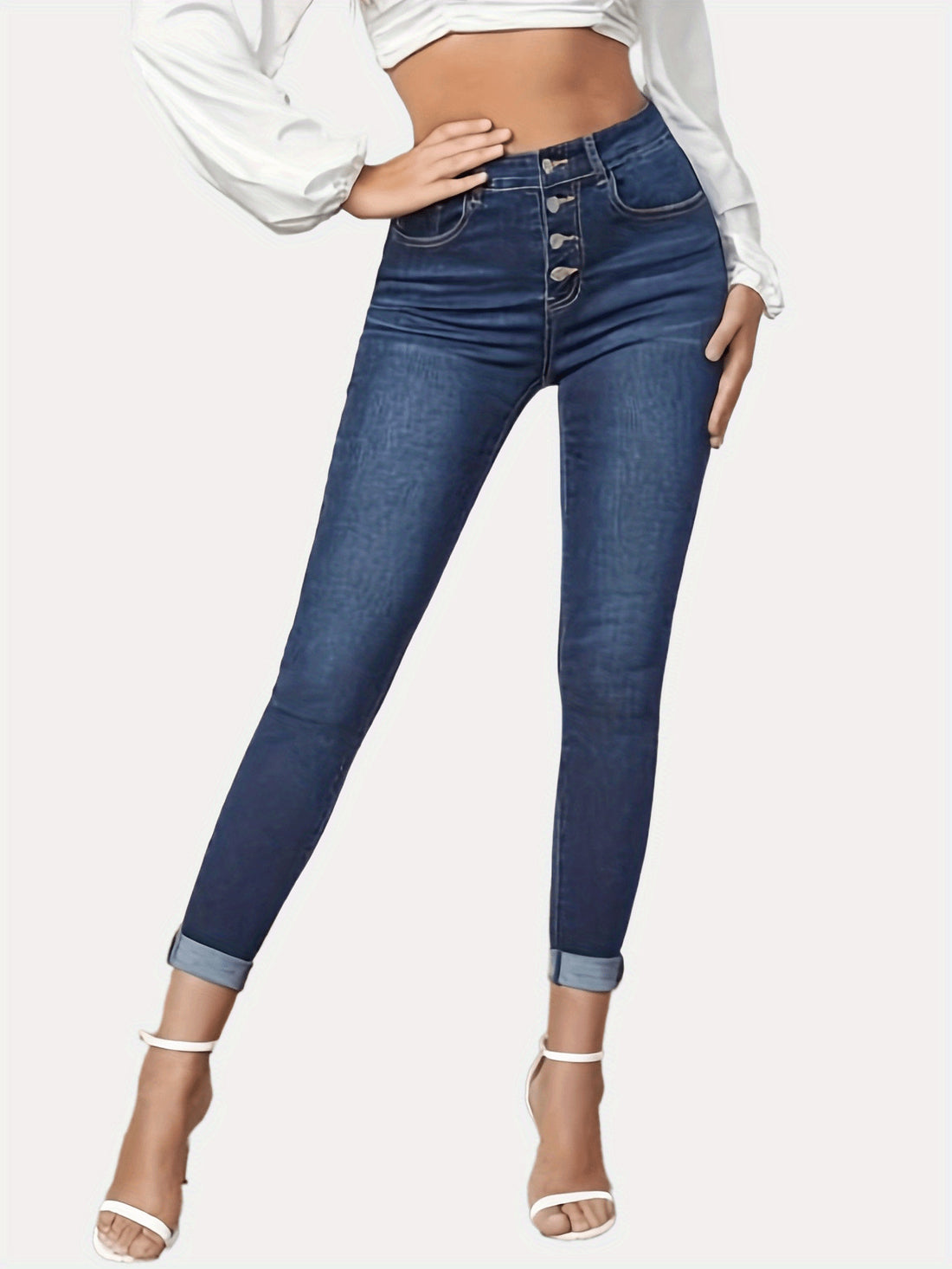 Contrast Color Slim Fit Stretch Rolled Hem Cropped Jeans - cas7m