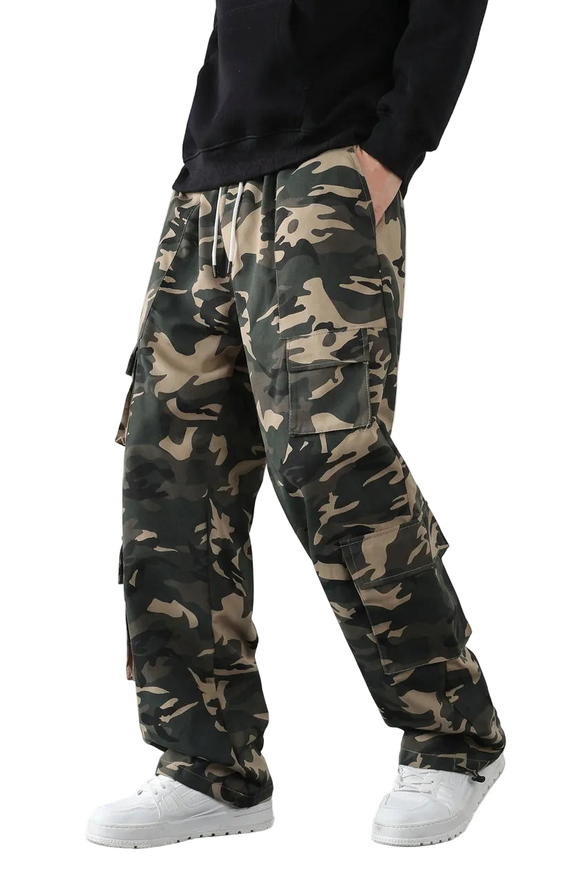 A person wearing loose camouflage cargo pants with a black top and white sneakers, shown against a light studio background with promotional text and small inset views of other camouflage patterns.