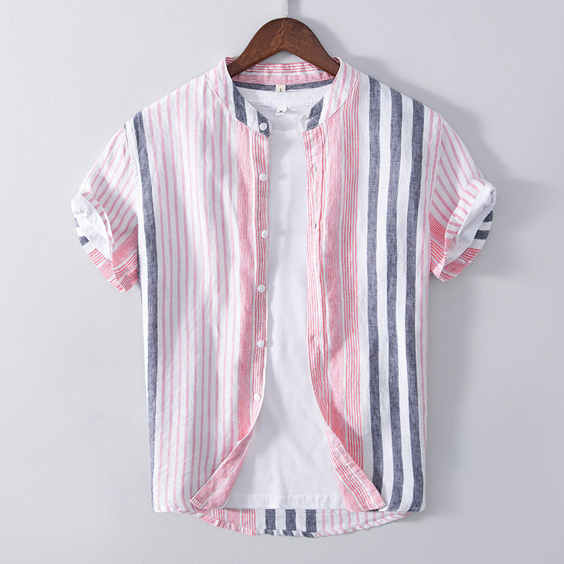 Men's Half Sleeve Striped Shirt Casual Linen Breathable Color Matching Short Sleeve Shirt Men - cas7m