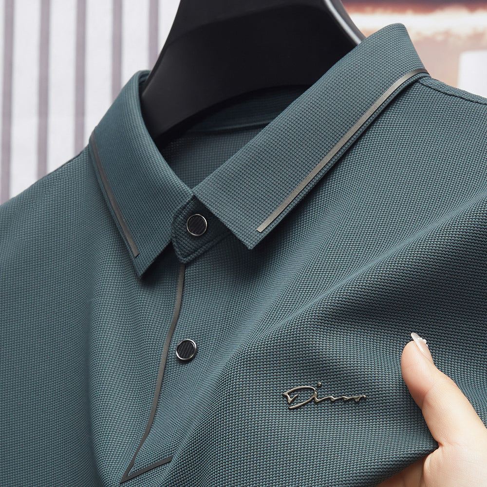 Ice Silk Short Sleeve T-shirt Men's Shirt Collar Summer Polo Shirt Loose Clothes Split - cas7m