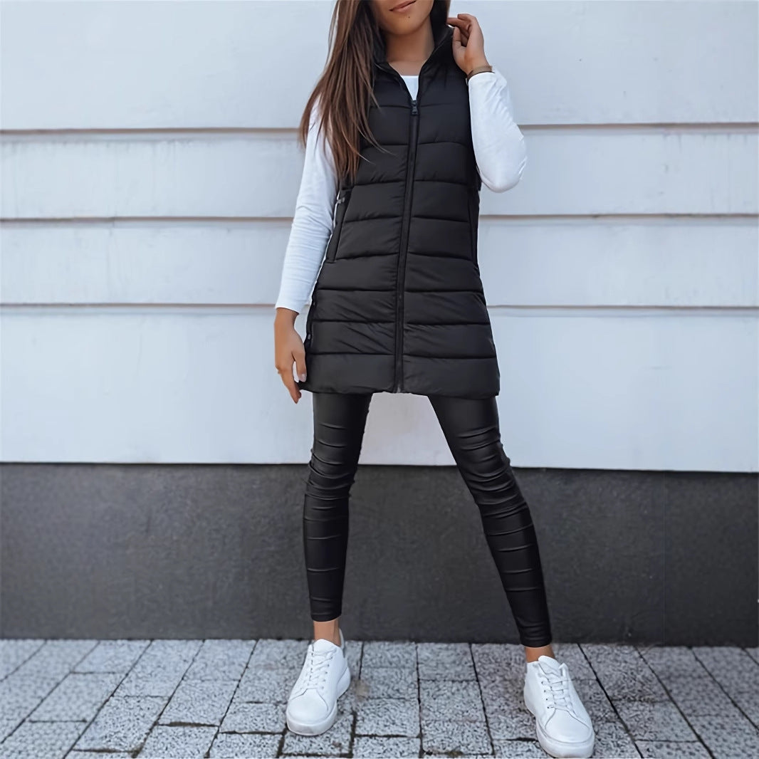 Solid Color Hooded Quilted Zipper Cotton Vest Coat - cas7m