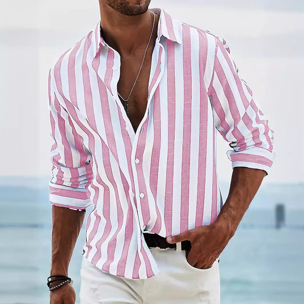 Striped Print Shirt Casual Loose Long-sleeved Shirt Men's Clothing - cas7m