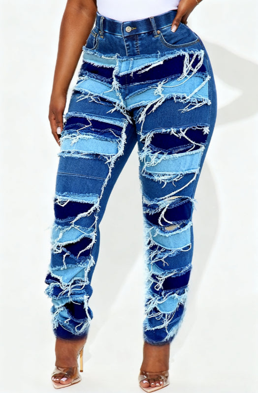 Patchwork Frayed Casual High-waisted Slim-fit Ripped Jeans - cas7m