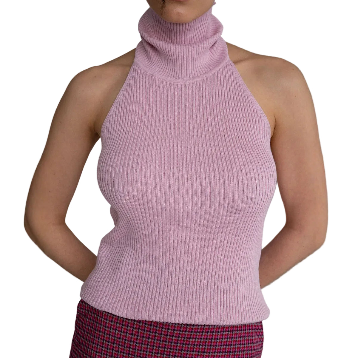 Casual Sleeveless High Neck Off Shoulder Backless Knit Sweater Vest