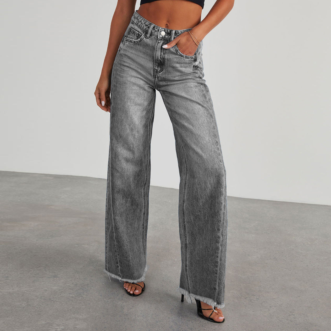 Fashion High Waist Jeans With Pockets Comfortable Slim Fit Straight Wide-leg Pants Womens Clothing - cas7m