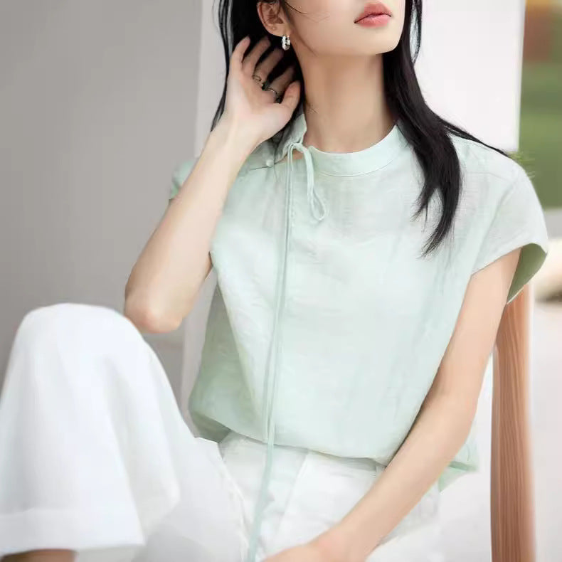 Mint Mamba New Chinese-style Intellectual Artistic Linen Short-sleeve Shirt For Women - cas7m