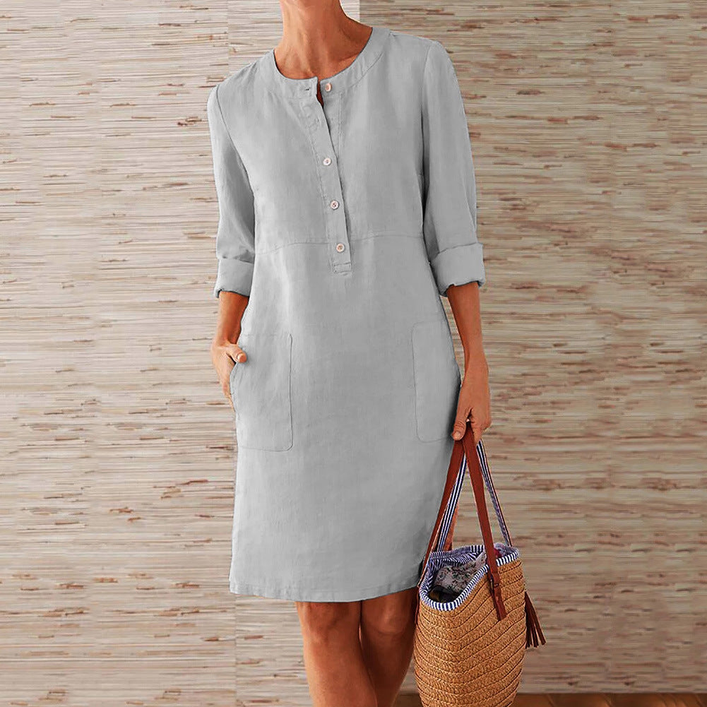Plus Size Women's Cotton And Linen Round Neck Long Sleeve Dress - cas7m