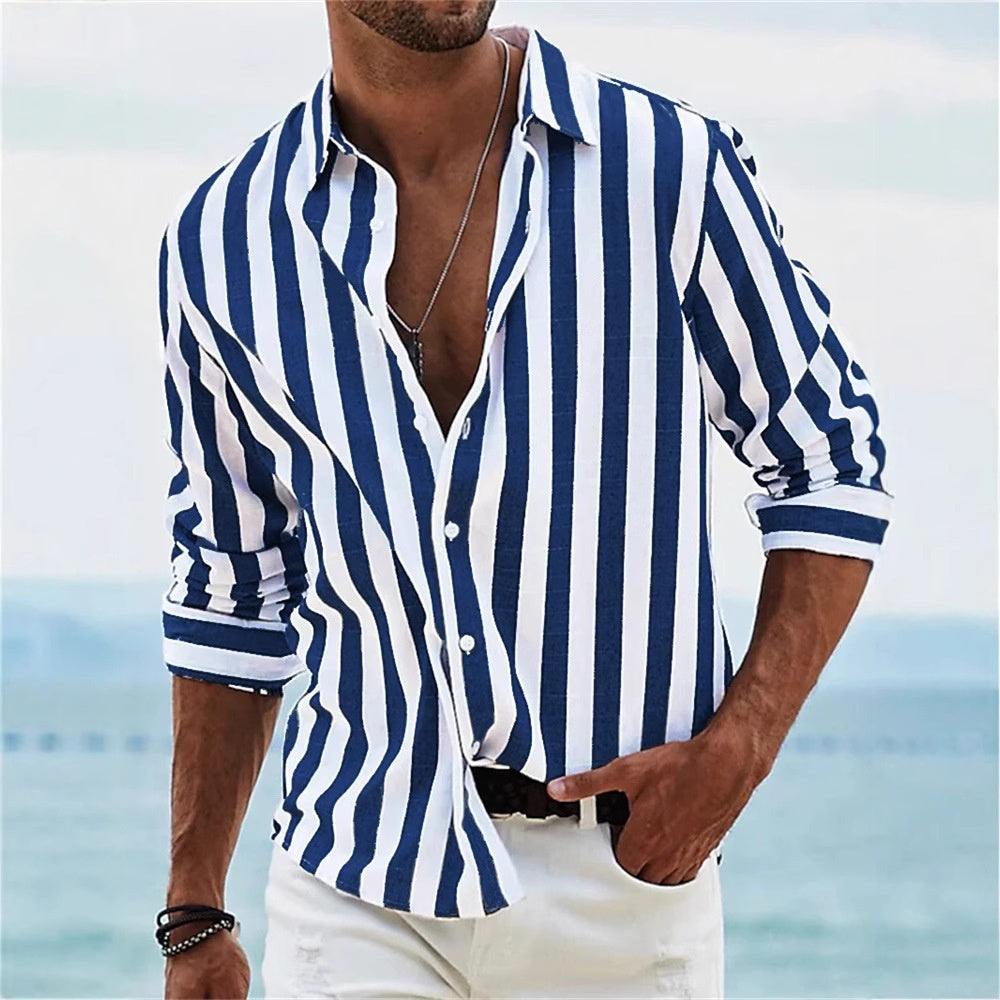 Striped Print Shirt Casual Loose Long-sleeved Shirt Men's Clothing - cas7m