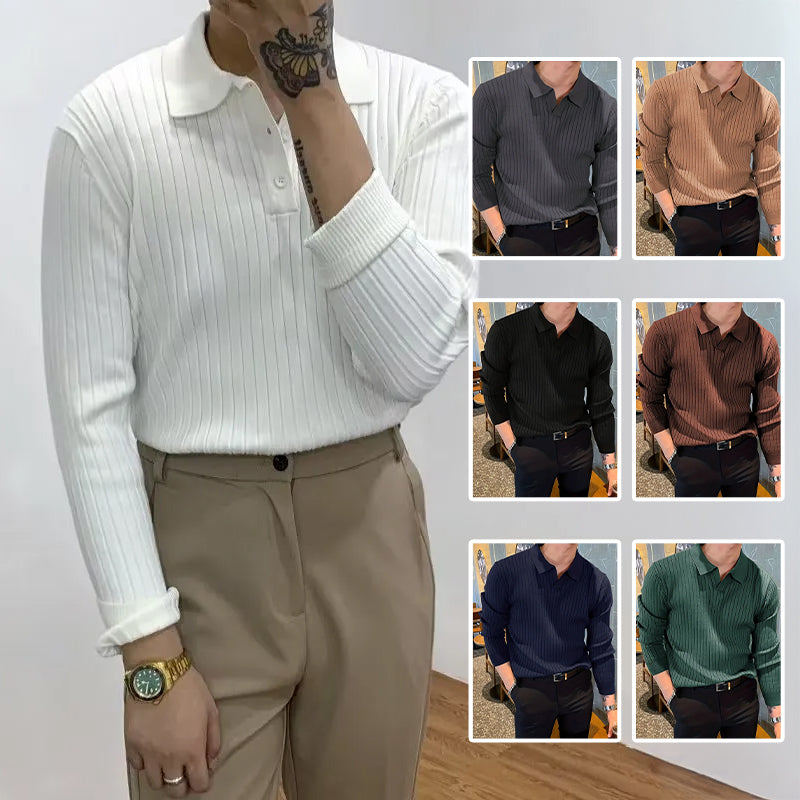 Lapel Texture Stretch Slim Knit Polo Shirt Men Polo Shirt Fashion Waffle Long-sleeved Tops Clothing Casual Comfortable Golf Men's Clothing - cas7m
