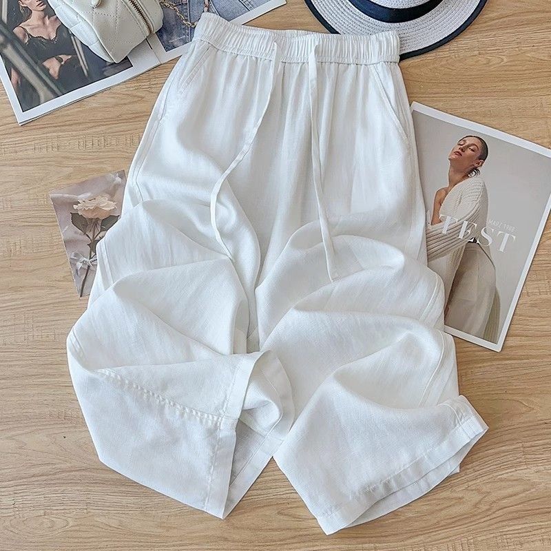 High Waist Drape Linen Cropped Straight Pants - cas7m