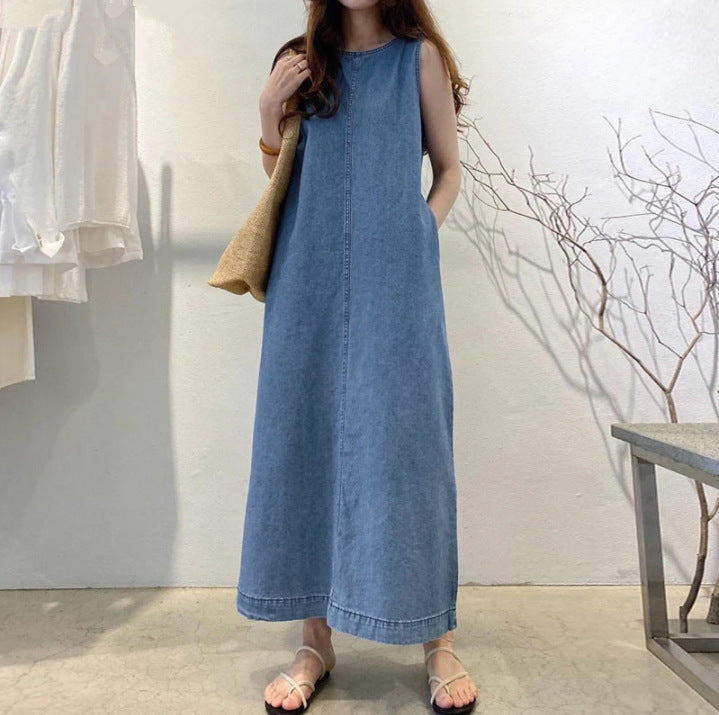 Womens Solid-Color Fashionable Round-Neck Loose-Fit Pocketed Dress - cas7m