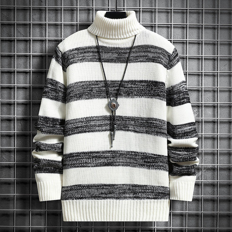 High-neck Men's Autumn And Winter Long-sleeved Trendy Slim Striped Sweater - cas7m
