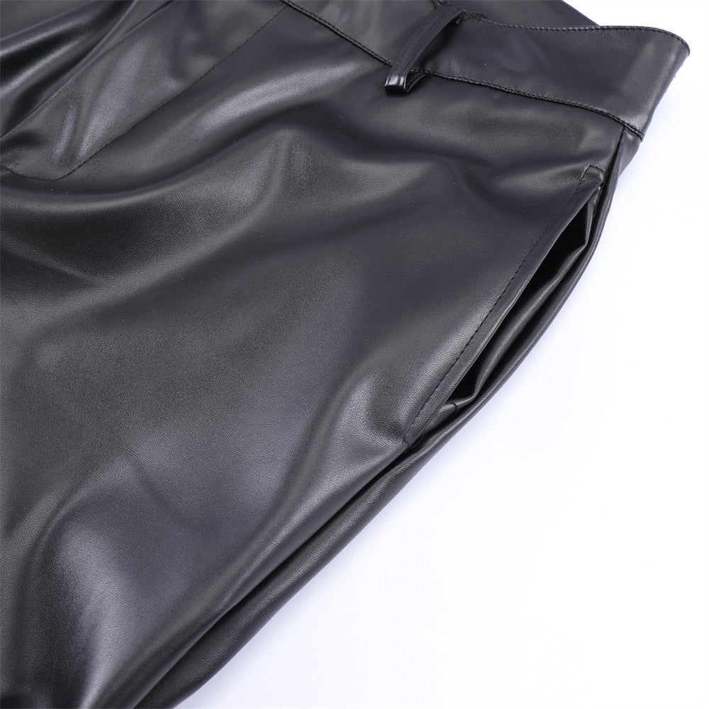 Men's Loose Casual Shiny Wrinkled Leather Pants - cas7m