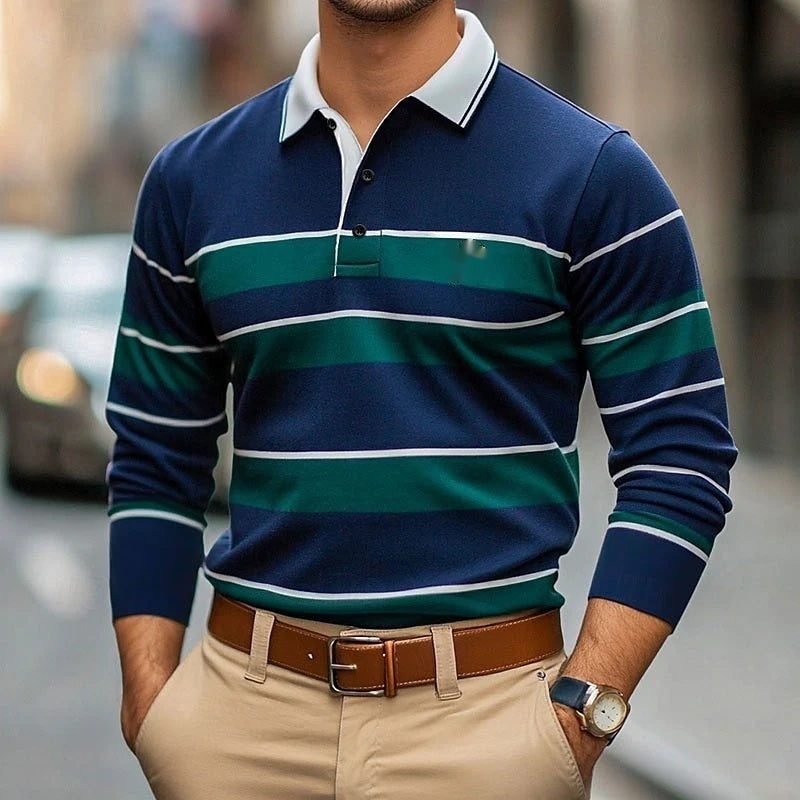 Digital-print Men's Casual Long-sleeve Polo-neck Top - cas7m