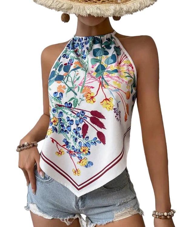 Printed Notched Neck Sleeveless Tank Top - cas7m