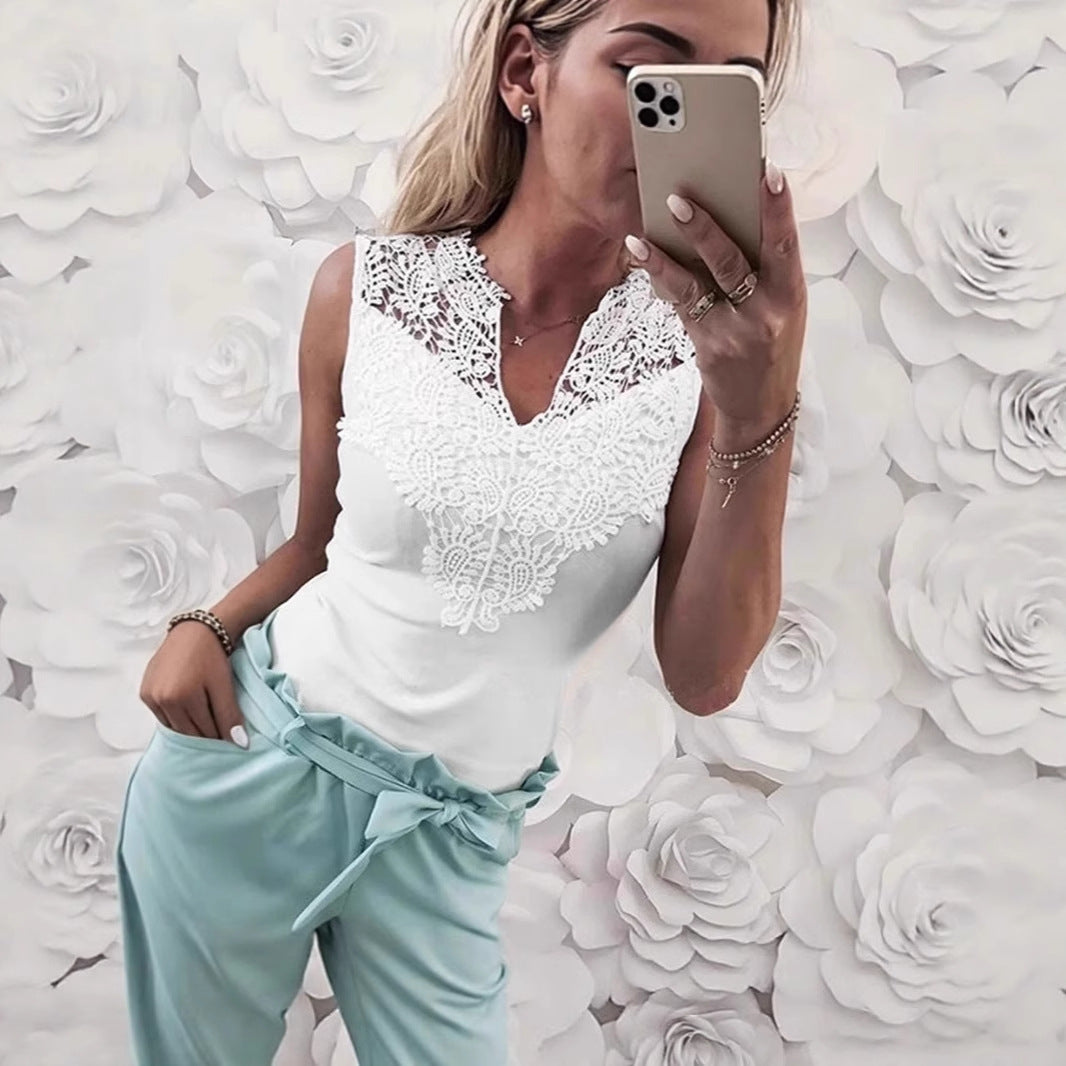 V-Neck Lace-trimmed Patchwork Sleeveless Pullover T-Shirt For Women - cas7m