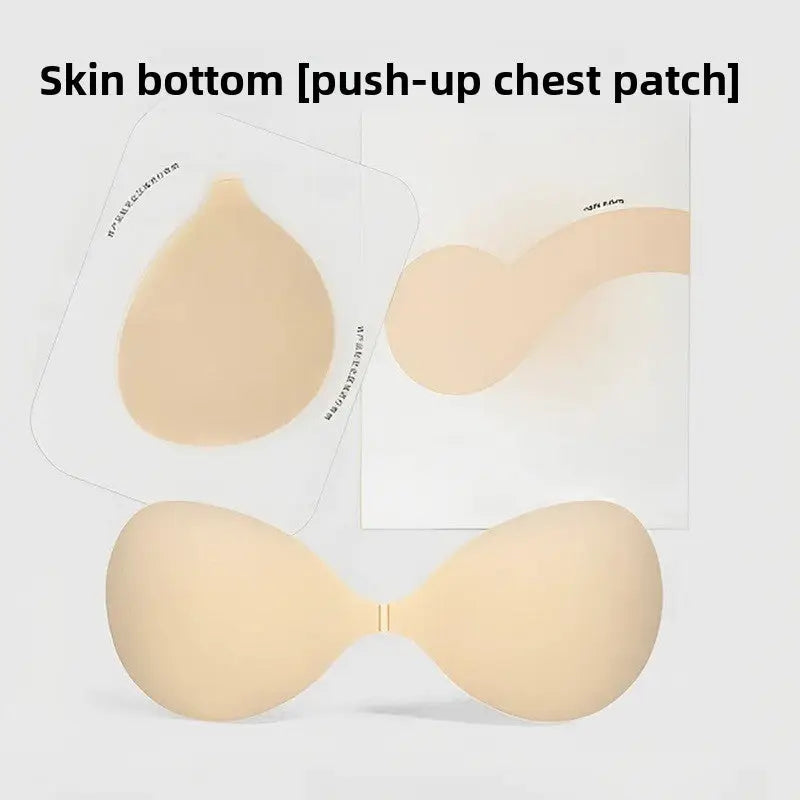 Two beige skin-tone push-up chest patches shown on clear adhesive backing sheets, with one patch applied in a double-bridge style. Text at the top reads 'Skin bottom [push-up chest patch]'.
