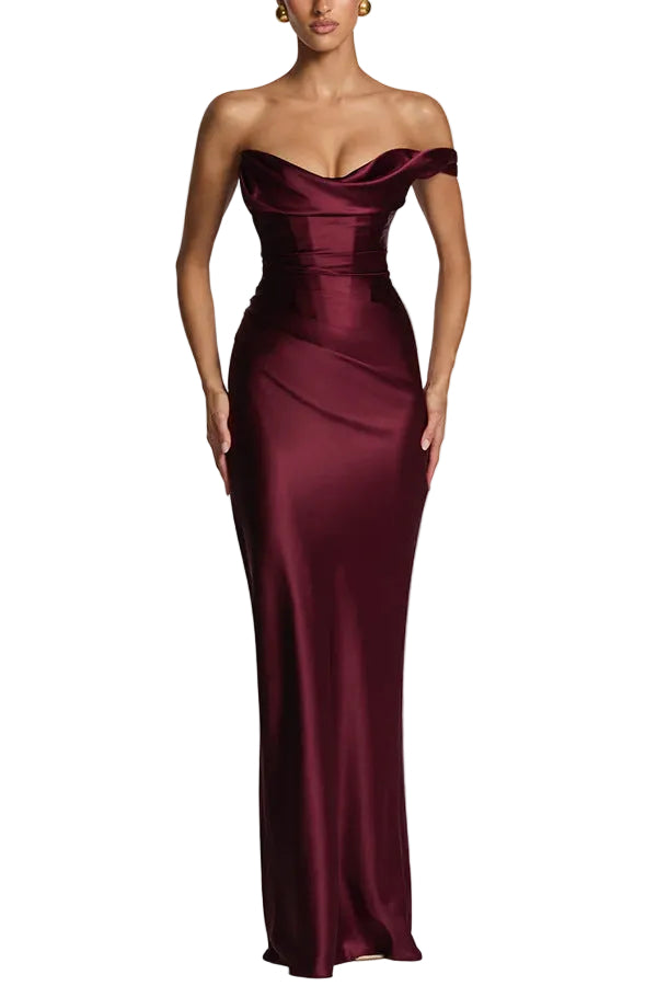 Burgundy strapless gown on a white background