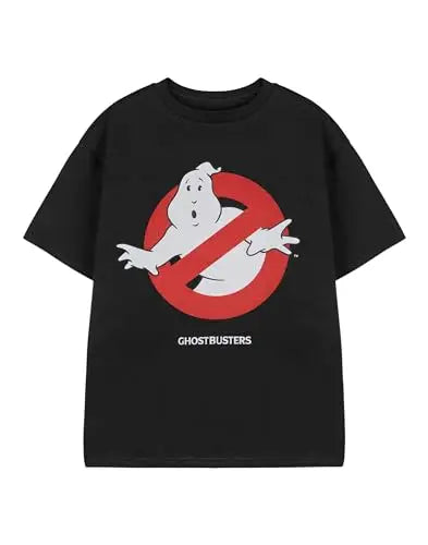 Black t-shirt with Ghostbusters logo featuring a ghost and red circle on a white background