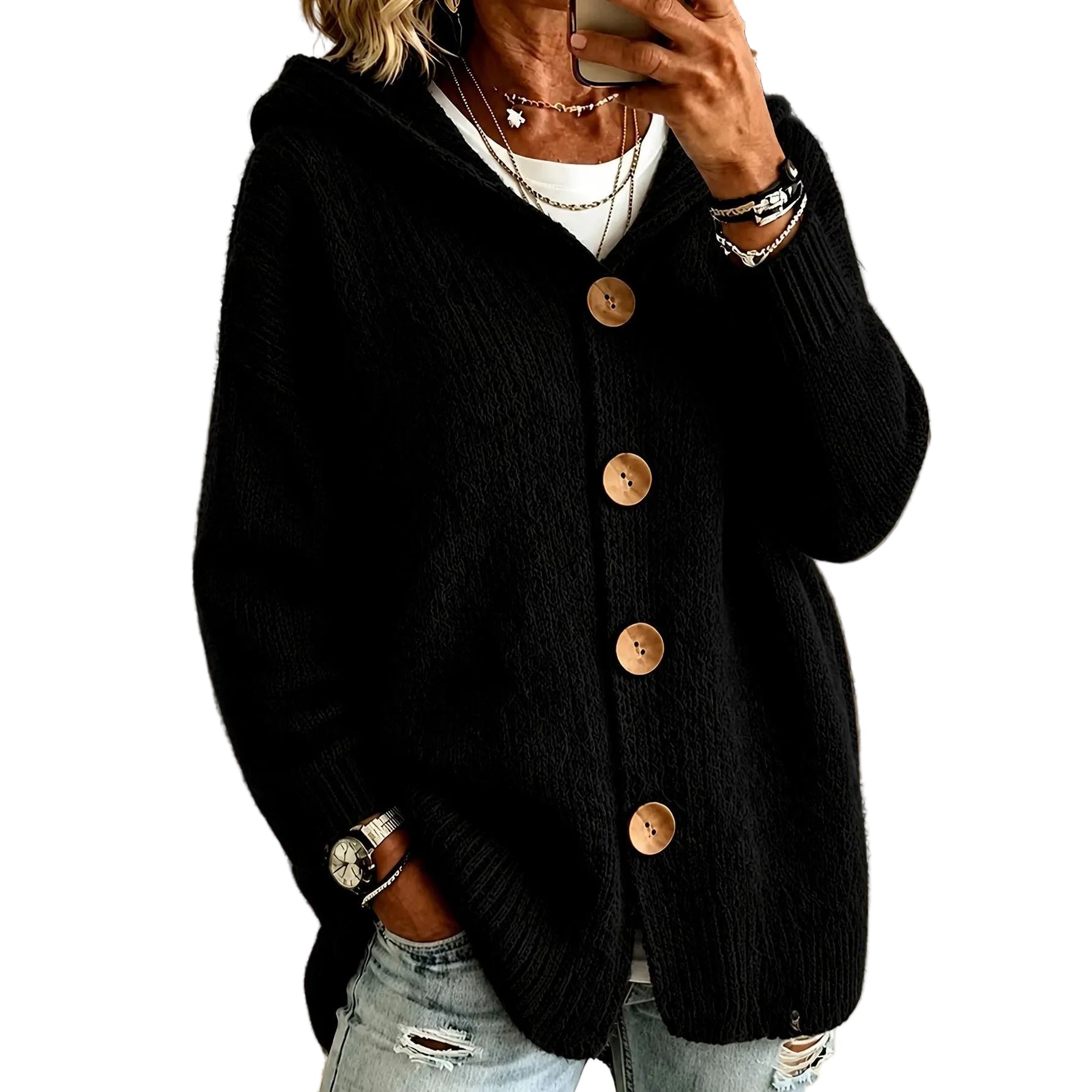 Hooded Cardigan Sweater Jacket With Four Buttons - cas7m