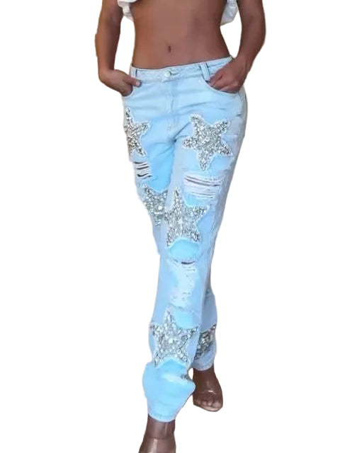 Five-pointed Star Hot Diamond Ripped Jeans - cas7m