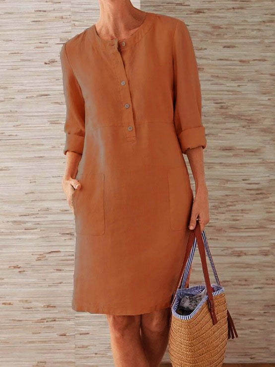 Plus Size Women's Cotton And Linen Round Neck Long Sleeve Dress - cas7m