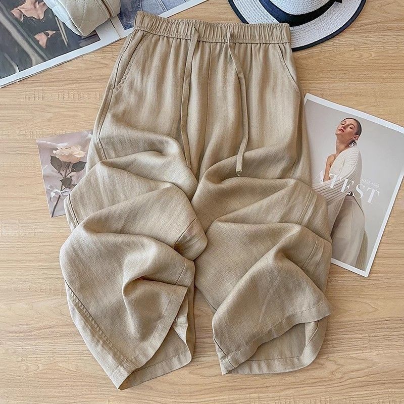 High Waist Drape Linen Cropped Straight Pants - cas7m