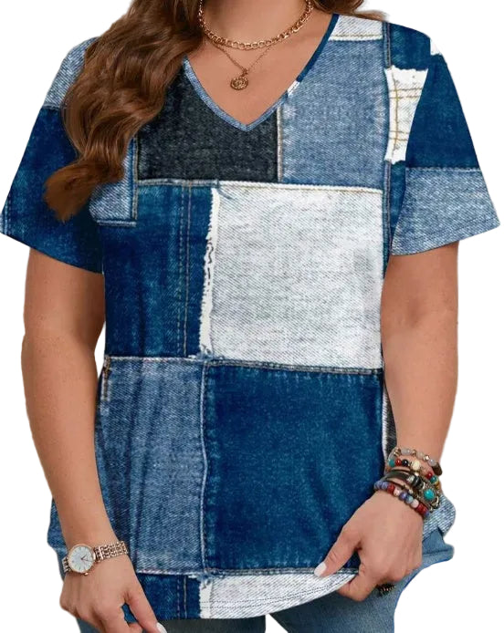 Plus Size Women Patchwork Geometric V-Neck Short Sleeve T-Shirt, Suitable For Spring & Summer - cas7m