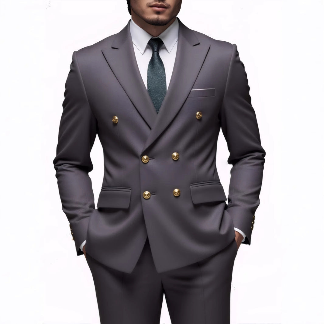 Business Non-Iron Two-Piece Suit With Double-Breasted Gold Buttons - cas7m