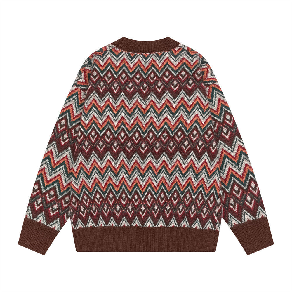 Men's Ethnic Wave Stripe V-Neck Knit Cardigan Casual Loose Fit Sweater