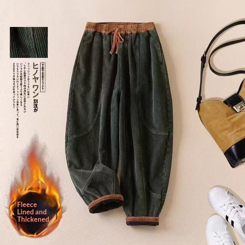 Women's Corduroy Fleece Lined Thick Harem Pants - cas7m