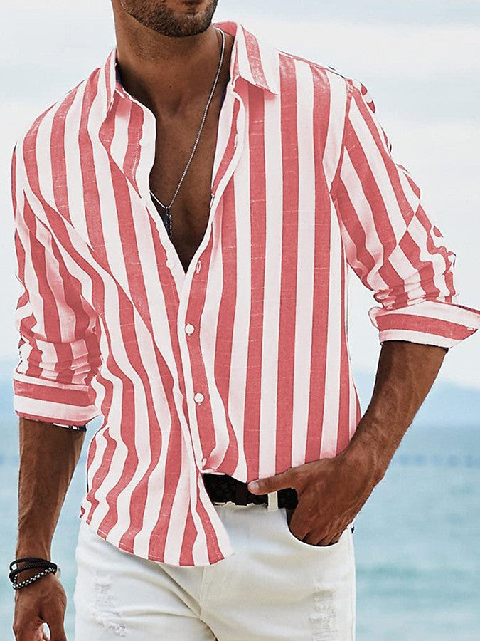 Striped Print Shirt Casual Loose Long-sleeved Shirt Men's Clothing - cas7m