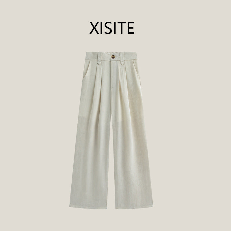 Casual Anti-wrinkle Thin High Waist Slimming And Straight Draping Cotton Linen Wide Leg Pants Long - cas7m