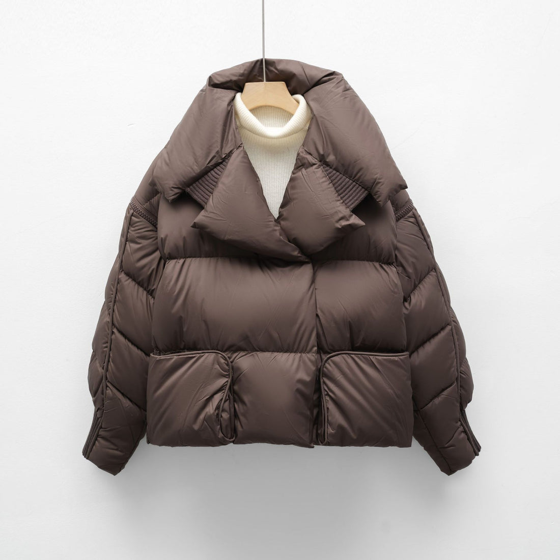 Korean-style Knitted Patchwork Large Lapel Short Down Jacket For Women - cas7m