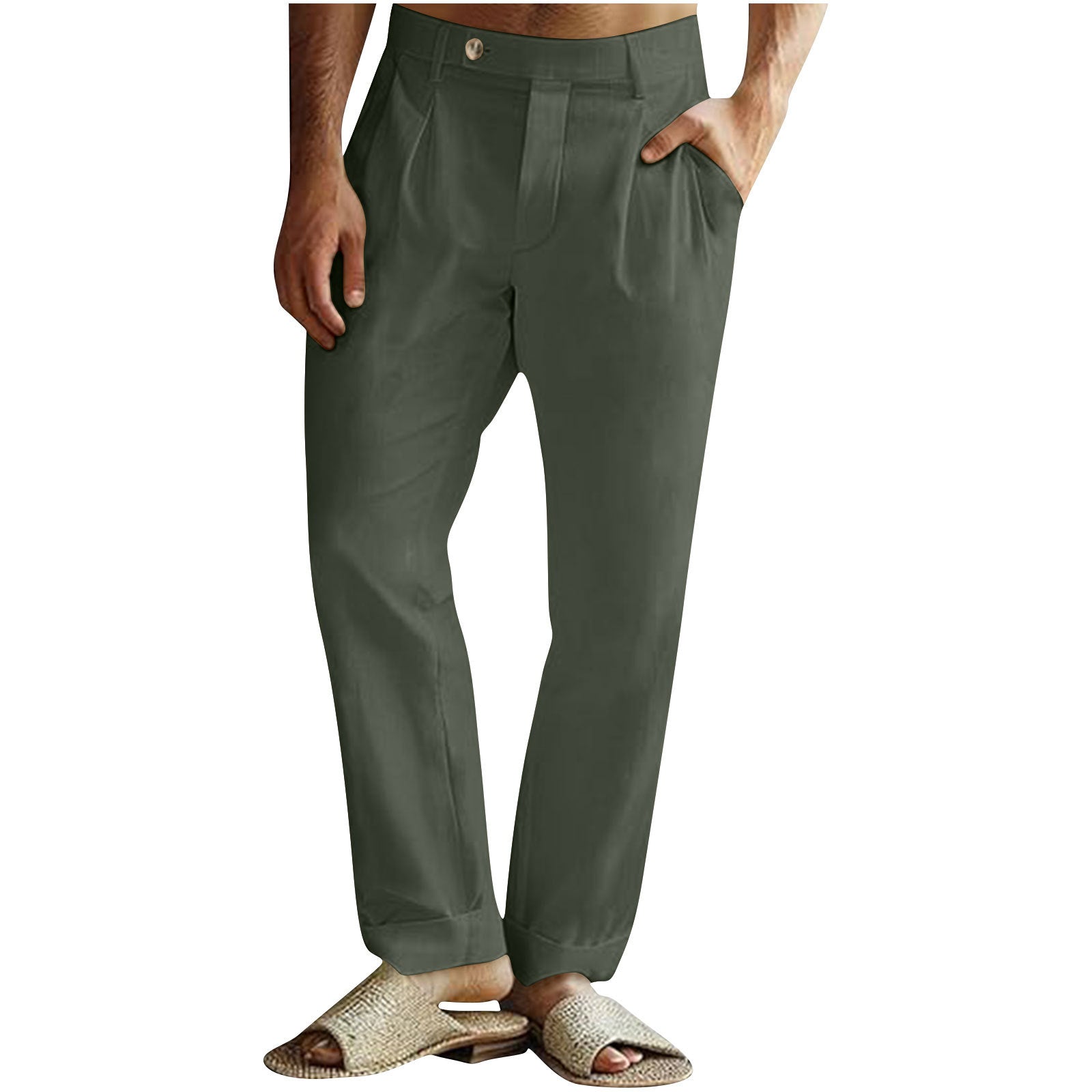 Men's Casual Cotton Linen Pants Pleated Elastic Waist Pants - cas7m