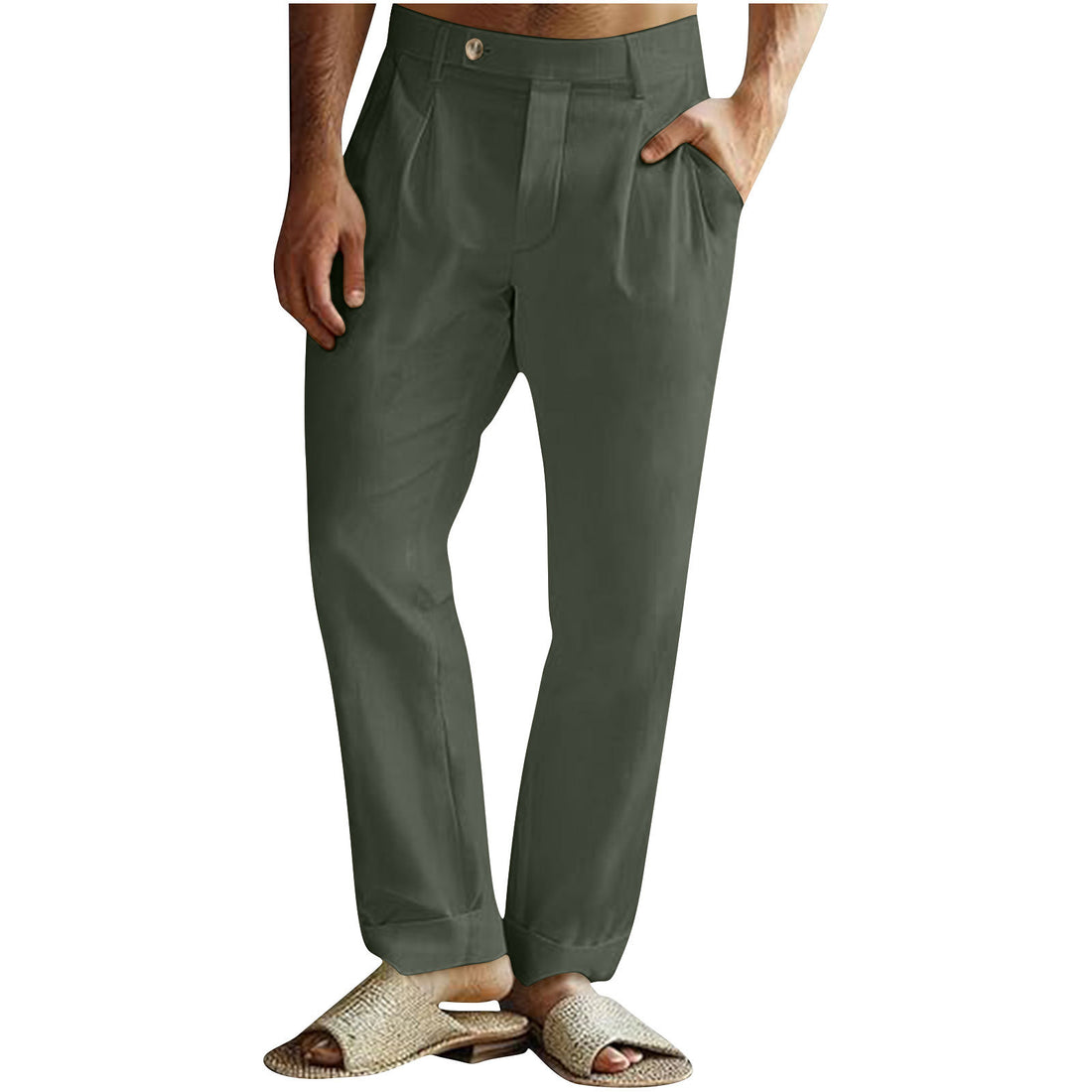 Men's Casual Cotton Linen Pants Pleated Elastic Waist Pants - cas7m