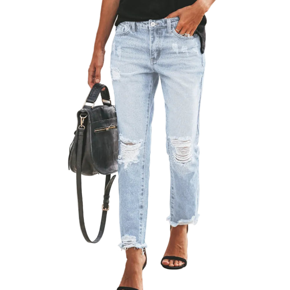 Women's Ripped Non-elastic Retro Fashion Jeans - cas7m