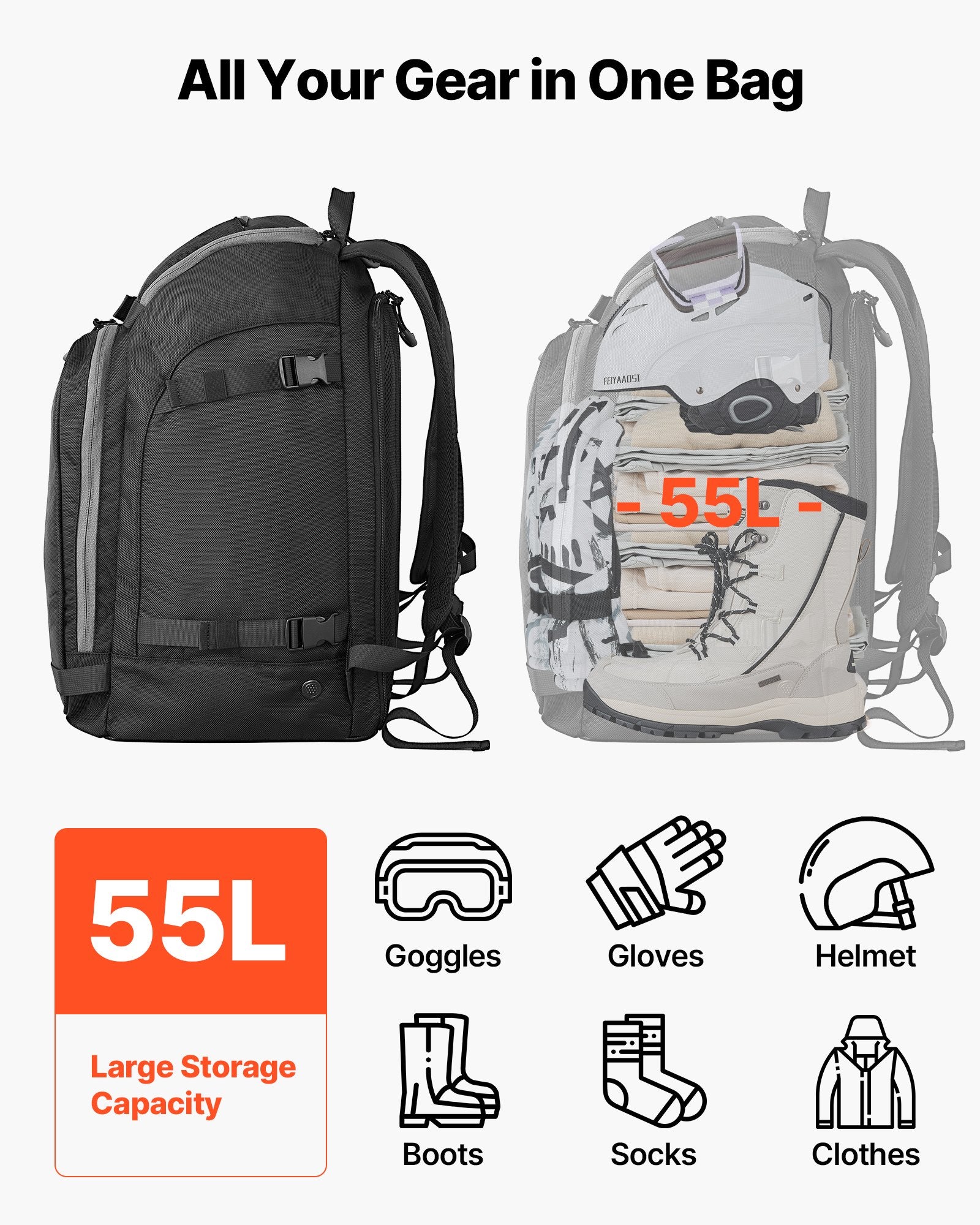 55L Waterproof Ski Boot Bag with Independent Gear Compartments - cas7m