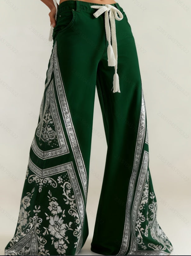 Women's Retro Patchwork Wide-Leg Pants, High-Waisted Drape Flared Pants, Ethnic Style Tie Casual Pants - cas7m