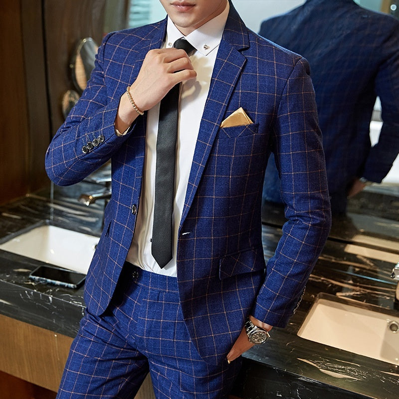 Men's Korean-style Business Suit Slim-fit Plaid Casual Wear - cas7m