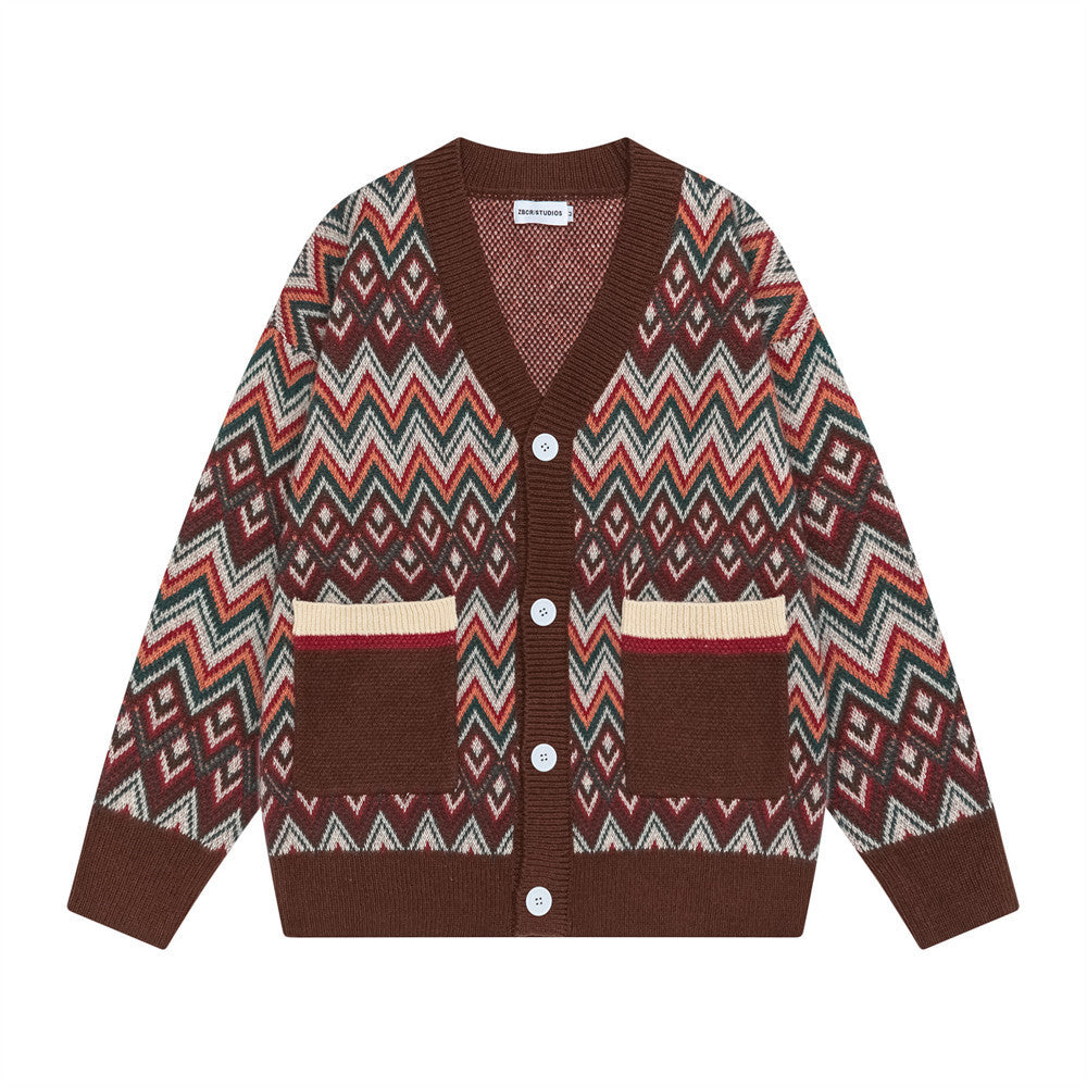 Men's Ethnic Wave Stripe V-Neck Knit Cardigan Casual Loose Fit Sweater