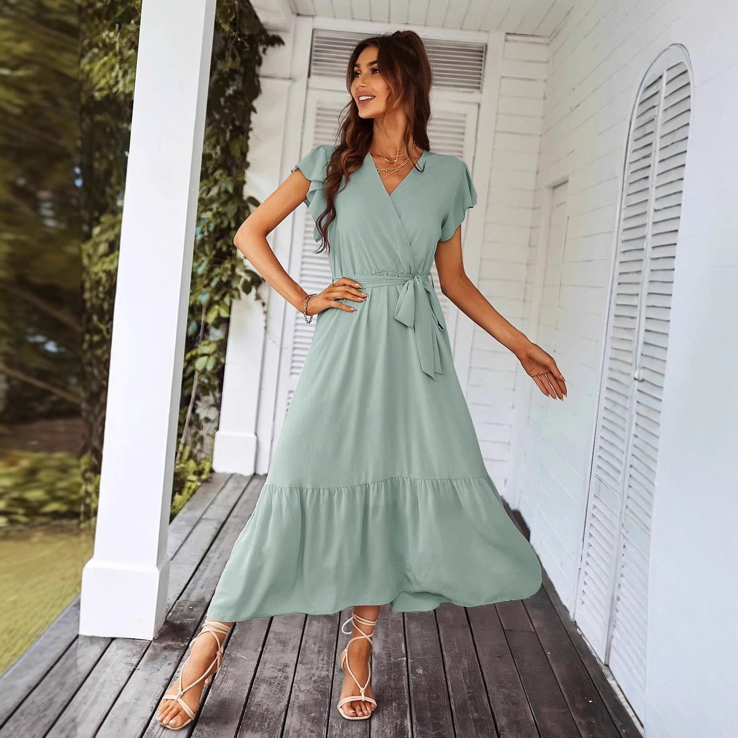 Womens Floral Print Flounce Short-Sleeve Midi Dress - cas7m